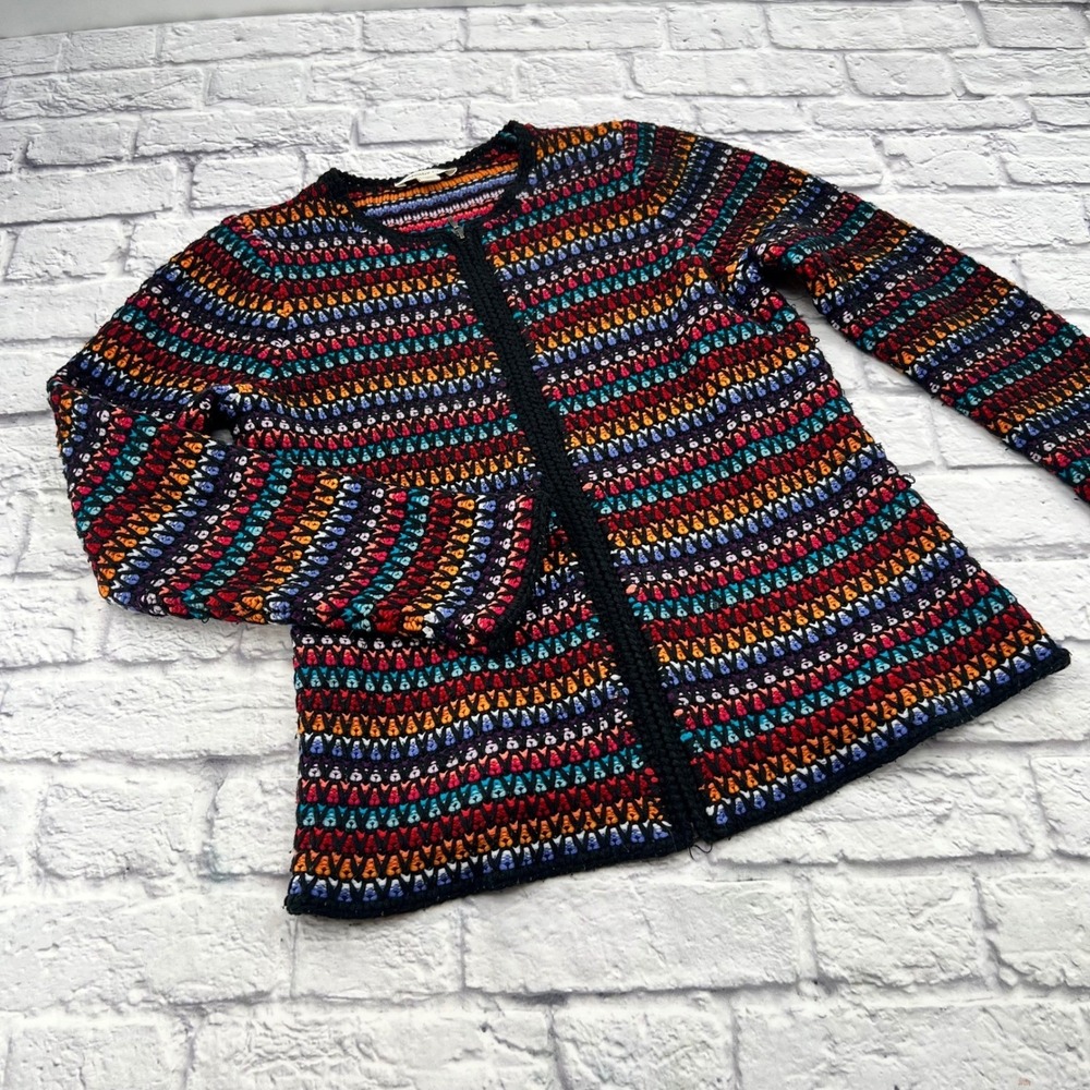 Coldwater Creek Women M 10/12 Full Zip Cardigan Sweater Black Multi Color Stripe
